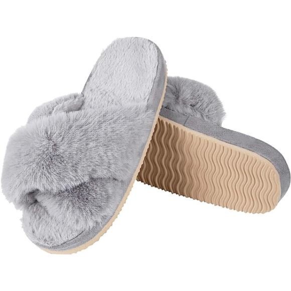 Women Cross Band Fuzzy Slippers Fluffy Open Toe House Slippers Coziness Style - Picture 4 of 5